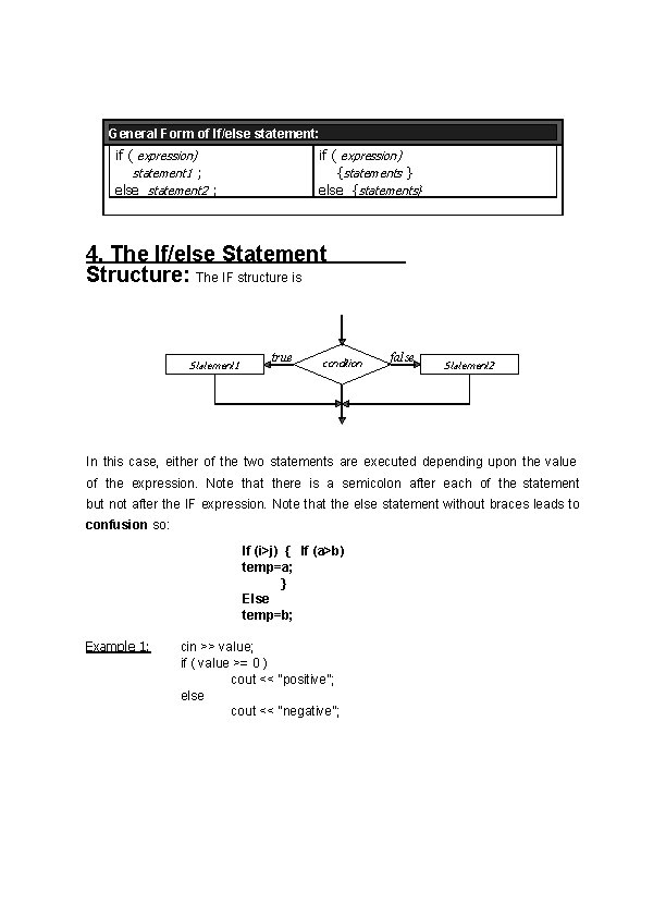 General Form of If/else statement: if ( expression) statement 1 ; else statement 2