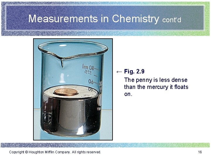 Measurements in Chemistry cont’d ← Fig. 2. 9 The penny is less dense than