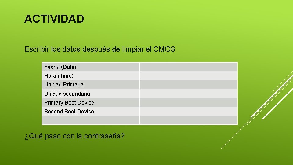 ACTIVIDAD Escribir los datos después de limpiar el CMOS Fecha (Date) Hora (Time) Unidad