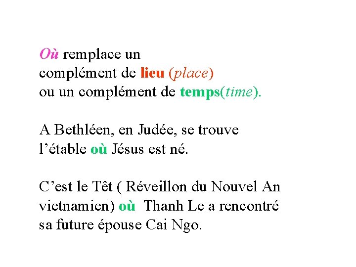 Où remplace un complément de lieu (place) ou un complément de temps(time). A Bethléen,