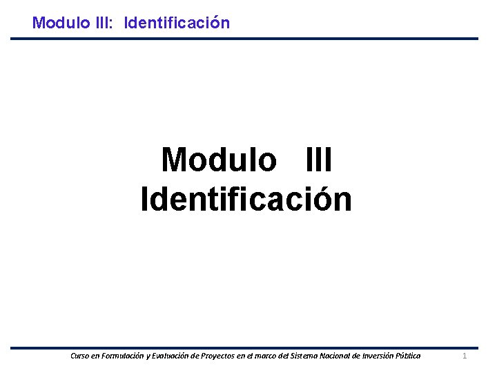 Modulo III: Identificación Modulo III Identificación Curso en Formulación y Evaluación de Proyectos en