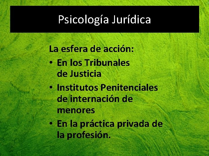 Psicología Jurídica La esfera de acción: • En los Tribunales de Justicia • Institutos