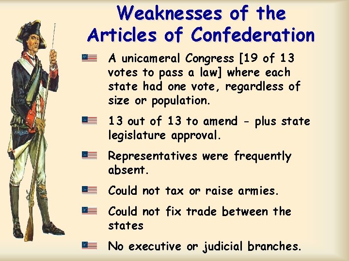 Weaknesses of the Articles of Confederation A unicameral Congress [19 of 13 votes to Weaknesses of the Articles of Confederation A unicameral Congress [19 of 13 votes to