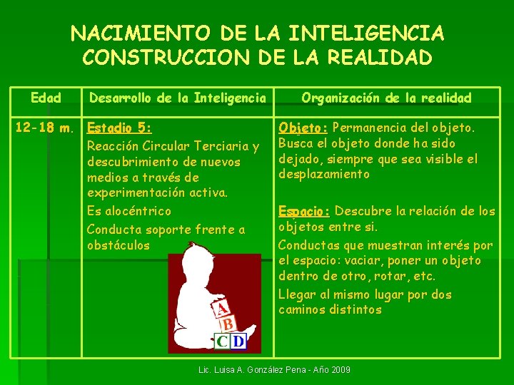 NACIMIENTO DE LA INTELIGENCIA CONSTRUCCION DE LA REALIDAD Edad Desarrollo de la Inteligencia 12 NACIMIENTO DE LA INTELIGENCIA CONSTRUCCION DE LA REALIDAD Edad Desarrollo de la Inteligencia 12
