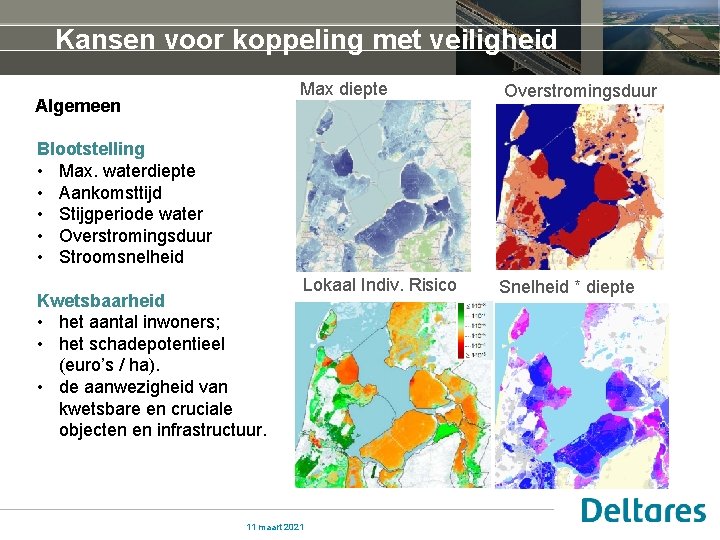 Kansen voor koppeling met veiligheid Max diepte Algemeen Overstromingsduur Blootstelling • Max. waterdiepte •