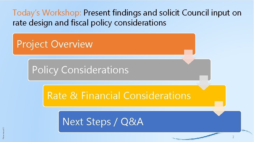 Today’s Workshop: Present findings and solicit Council input on rate design and fiscal policy