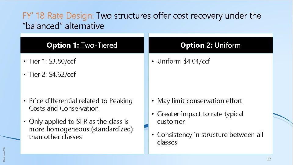 FY’ 18 Rate Design: Two structures offer cost recovery under the “balanced” alternative Option