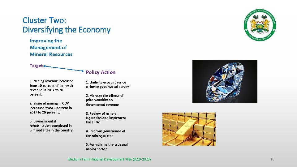 Cluster Two: Diversifying the Economy Improving the Management of Mineral Resources Target Policy Action