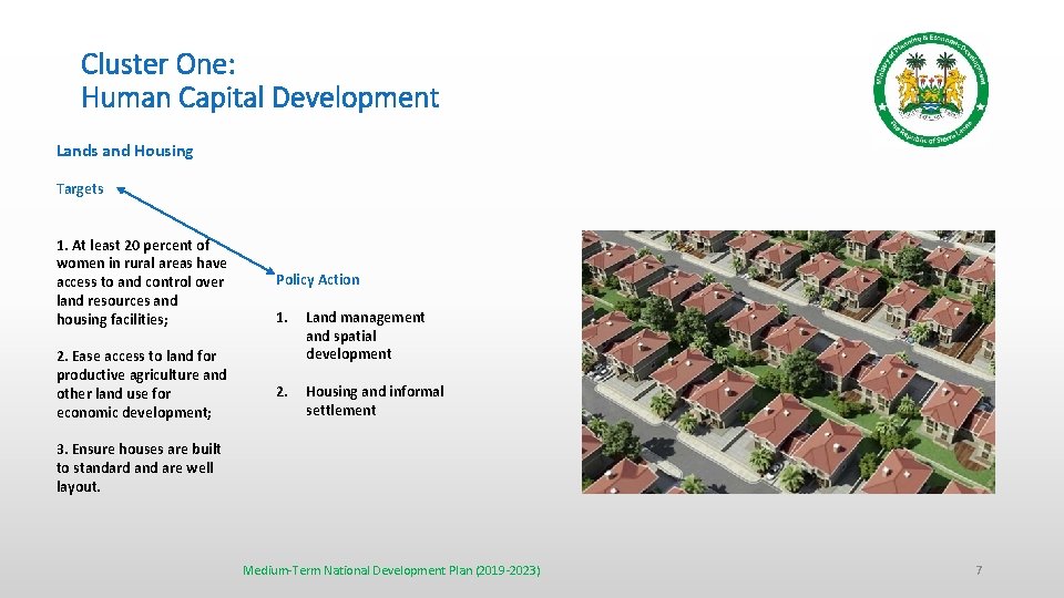 Cluster One: Human Capital Development Lands and Housing Targets 1. At least 20 percent