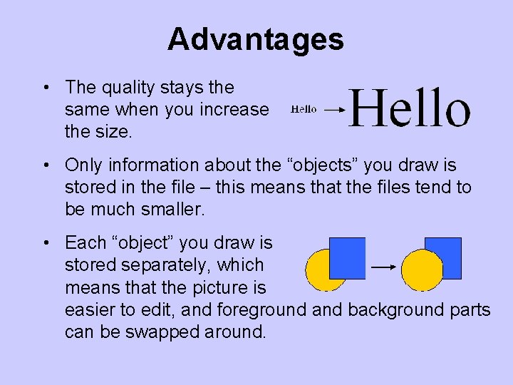 Advantages • The quality stays the same when you increase the size. • Only