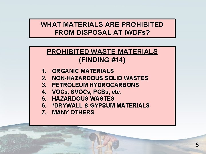 WHAT MATERIALS ARE PROHIBITED FROM DISPOSAL AT IWDFs? PROHIBITED WASTE MATERIALS (FINDING #14) 1.