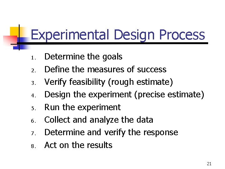 Experimental Design Process 1. 2. 3. 4. 5. 6. 7. 8. Determine the goals