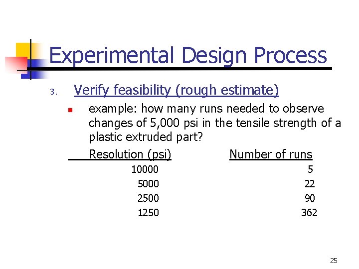 Experimental Design Process Verify feasibility (rough estimate) 3. n example: how many runs needed