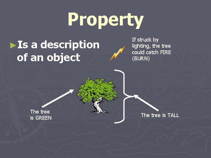 Property ►Is a description of an object The tree is GREEN If struck by