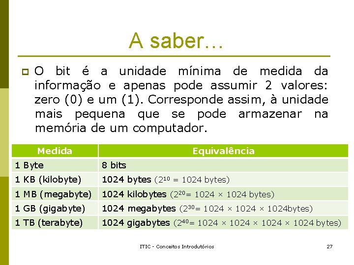 A saber… p O bit é a unidade mínima de medida da informação e A saber… p O bit é a unidade mínima de medida da informação e