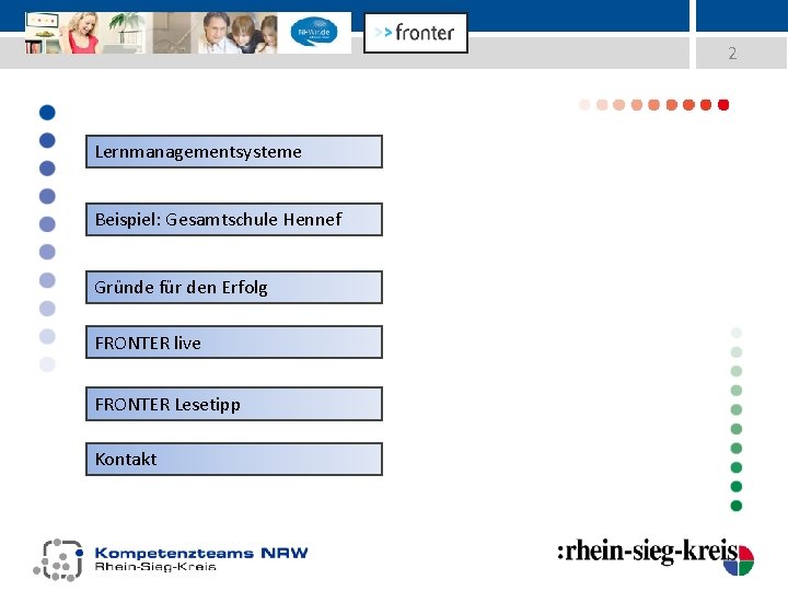 2 Lernmanagementsysteme Beispiel: Gesamtschule Hennef Gründe für den Erfolg FRONTER live FRONTER Lesetipp Kontakt