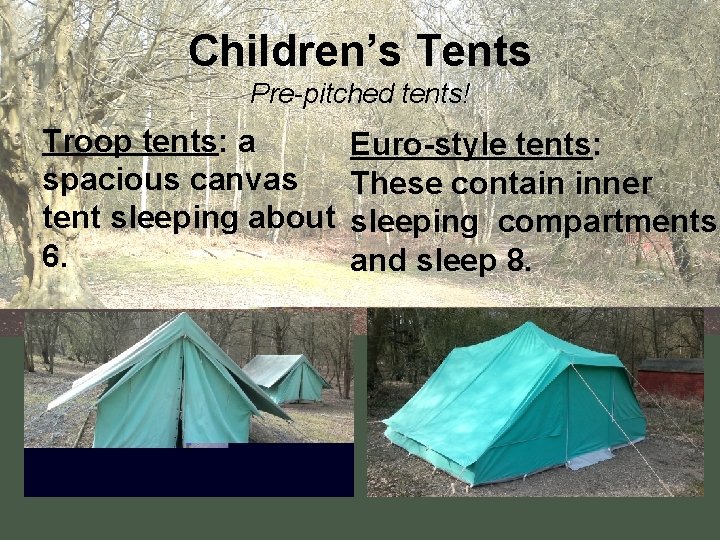 Children’s Tents Pre-pitched tents! Troop tents: a spacious canvas tent sleeping about 6. Euro-style