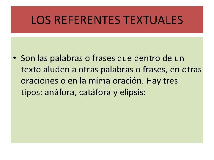 LOS REFERENTES TEXTUALES • Son las palabras o frases que dentro de un texto LOS REFERENTES TEXTUALES • Son las palabras o frases que dentro de un texto