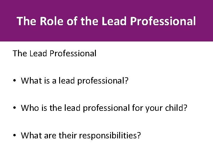 The Role of the Lead Professional The Lead Professional • What is a lead