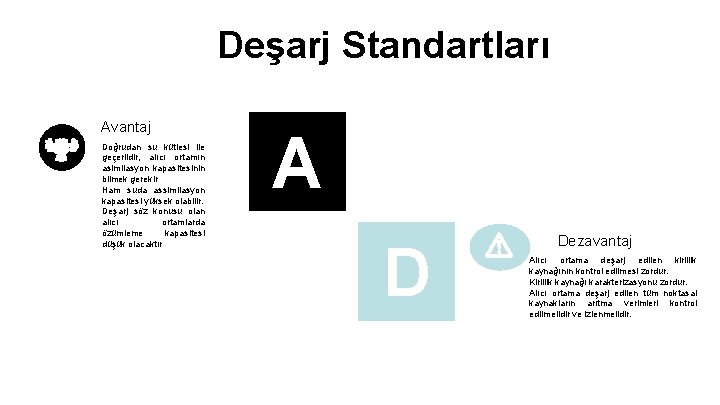 Deşarj Standartları Avantaj Doğrudan su kütlesi ile geçerlidir, alıcı ortamın asimilasyon kapasitesinin bilmek gerekir Deşarj Standartları Avantaj Doğrudan su kütlesi ile geçerlidir, alıcı ortamın asimilasyon kapasitesinin bilmek gerekir