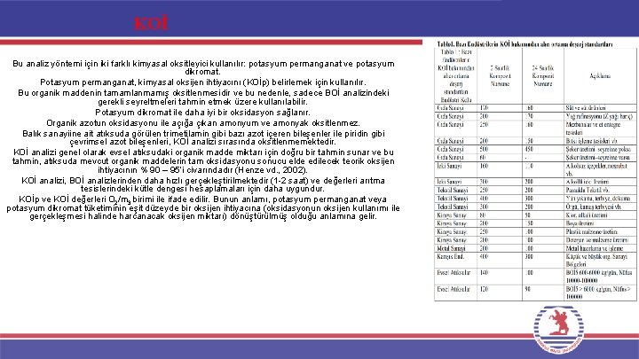 KOİ Bu analiz yöntemi için iki farklı kimyasal oksitleyici kullanılır: potasyum permanganat ve potasyum KOİ Bu analiz yöntemi için iki farklı kimyasal oksitleyici kullanılır: potasyum permanganat ve potasyum