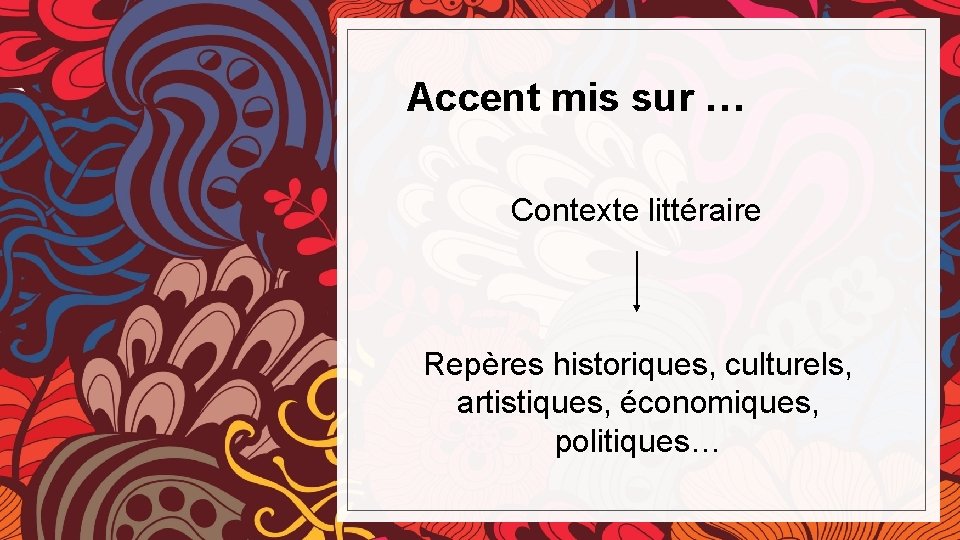 Accent mis sur … Contexte littéraire Repères historiques, culturels, artistiques, économiques, politiques… 