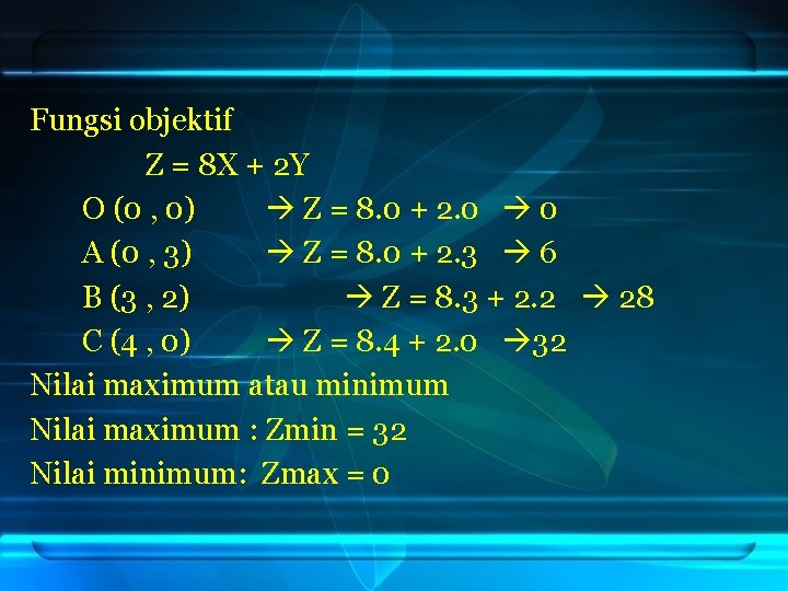 Fungsi objektif Z = 8 X + 2 Y O (0 , 0) Z Fungsi objektif Z = 8 X + 2 Y O (0 , 0) Z