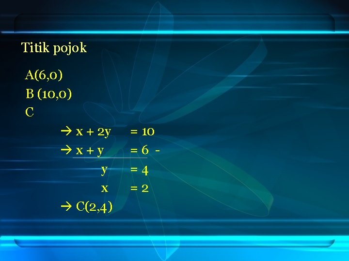 Titik pojok A(6, 0) B (10, 0) C x + 2 y x + Titik pojok A(6, 0) B (10, 0) C x + 2 y x +