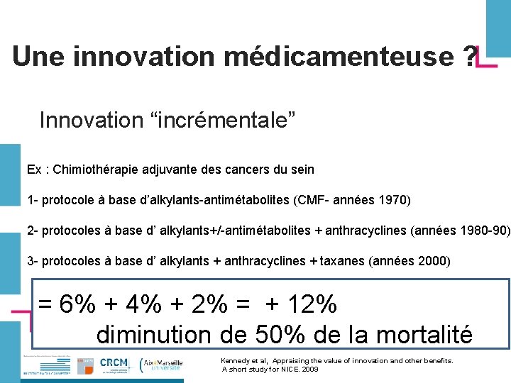Une innovation médicamenteuse ? Innovation “incrémentale” Ex : Chimiothérapie adjuvante des cancers du sein