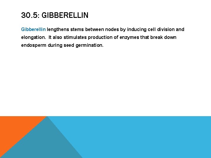 30. 5: GIBBERELLIN Gibberellin lengthens stems between nodes by inducing cell division and elongation. 30. 5: GIBBERELLIN Gibberellin lengthens stems between nodes by inducing cell division and elongation.