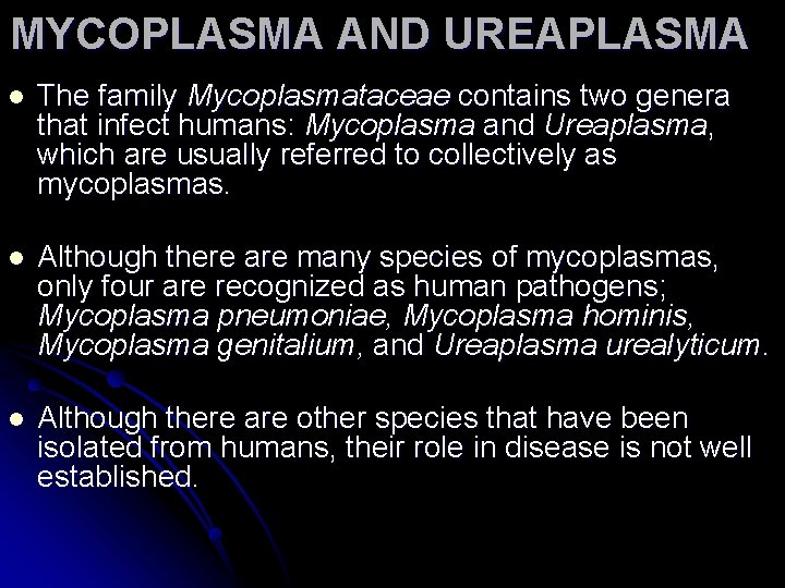 MYCOPLASMA AND UREAPLASMA l The family Mycoplasmataceae contains two genera that infect humans: Mycoplasma