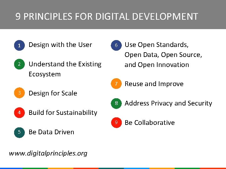 9 PRINCIPLES FOR DIGITAL DEVELOPMENT 1 Design with the User 2 Understand the Existing