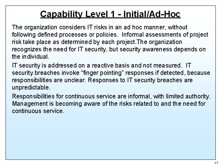 Capability Level 1 - Initial/Ad-Hoc The organization considers IT risks in an ad hoc