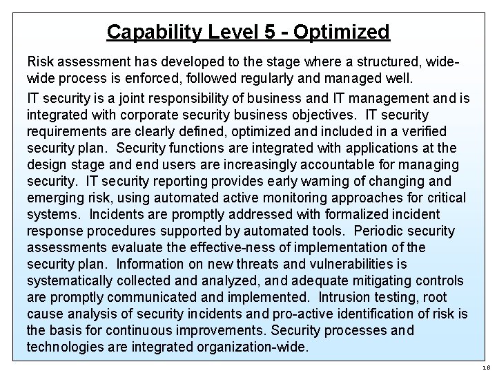 Capability Level 5 - Optimized Risk assessment has developed to the stage where a