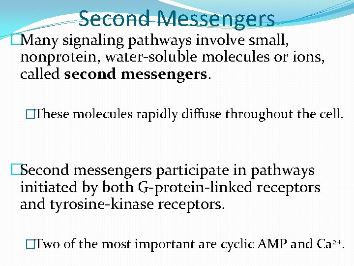 Second Messengers �Many signaling pathways involve small, nonprotein, water-soluble molecules or ions, called second