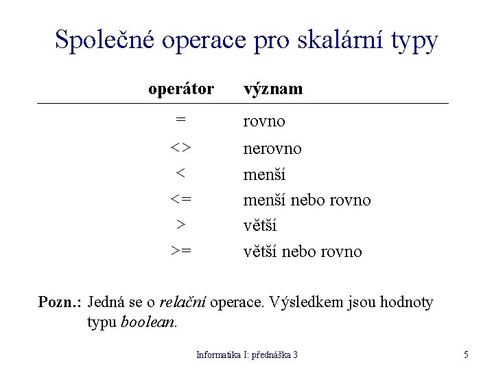 Společné operace pro skalární typy operátor = <> < <= > >= význam rovno