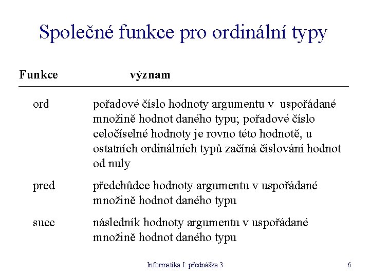 Společné funkce pro ordinální typy Funkce význam ord pořadové číslo hodnoty argumentu v uspořádané