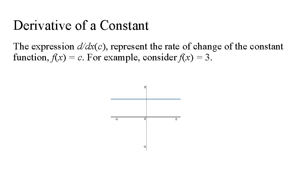 Derivative of a Constant The expression d/dx(c), represent the rate of change of the