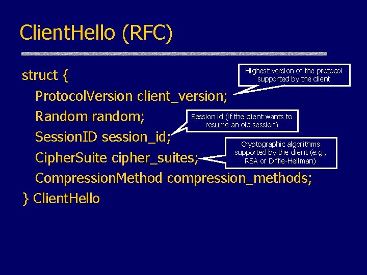 Client. Hello (RFC) struct { Protocol. Version client_version; Session id (if the client wants
