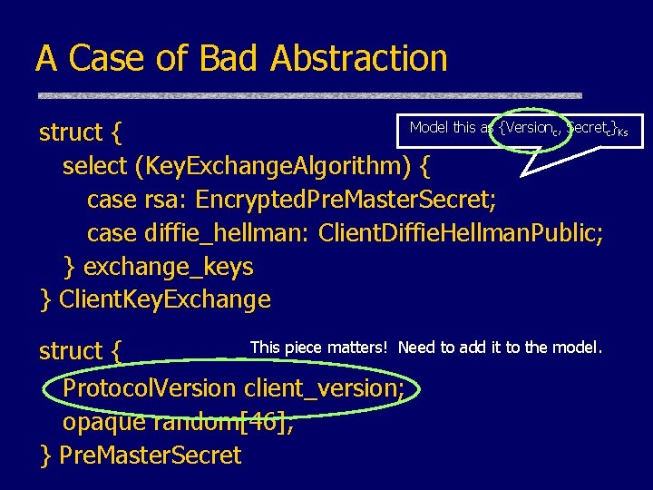 A Case of Bad Abstraction Model this as {Version , Secret } struct {