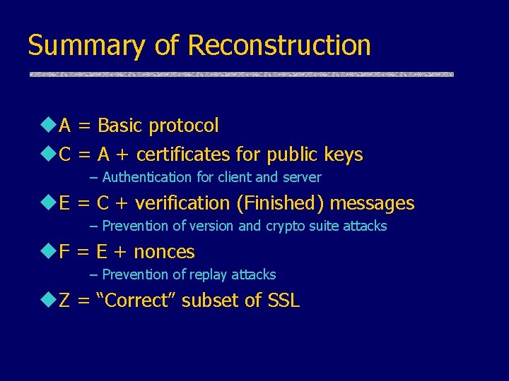 Summary of Reconstruction u. A = Basic protocol u. C = A + certificates