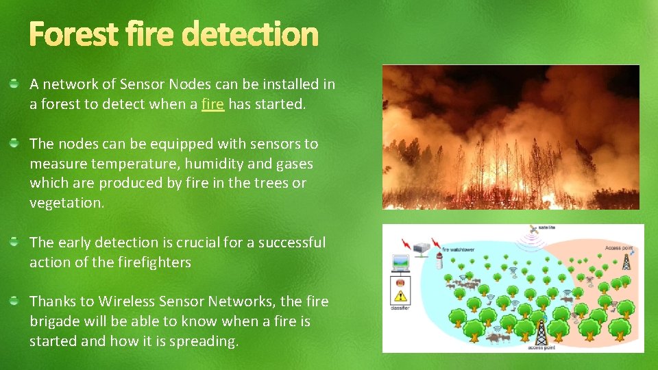 A network of Sensor Nodes can be installed in a forest to detect when