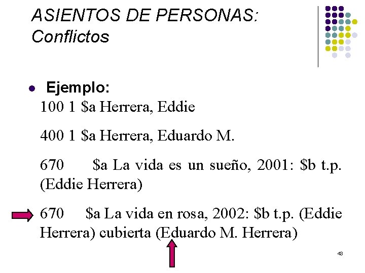 ASIENTOS DE PERSONAS: Conflictos l Ejemplo: 100 1 $a Herrera, Eddie 400 1 $a
