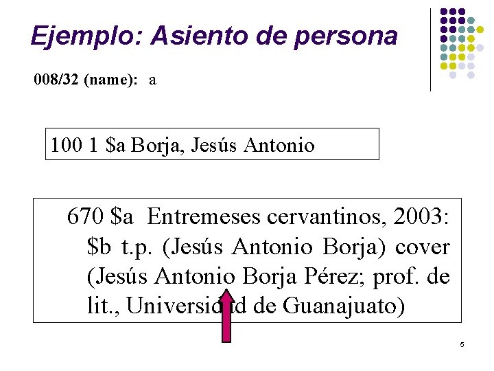 Ejemplo: Asiento de persona 008/32 (name): a 100 1 $a Borja, Jesús Antonio 670