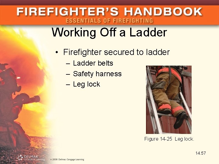 Working Off a Ladder • Firefighter secured to ladder – Ladder belts – Safety