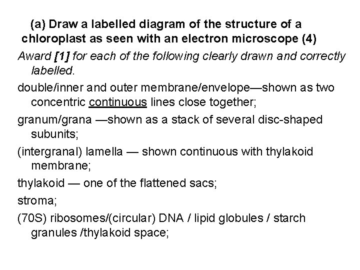 (a) Draw a labelled diagram of the structure of a chloroplast as seen with