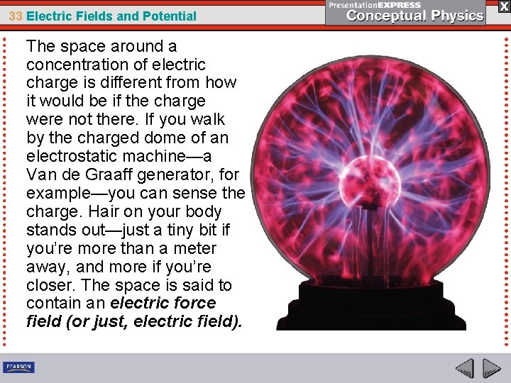 33 Electric Fields and Potential The space around a concentration of electric charge is