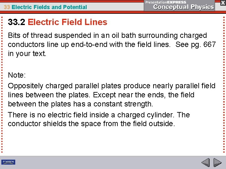 33 Electric Fields and Potential 33. 2 Electric Field Lines Bits of thread suspended