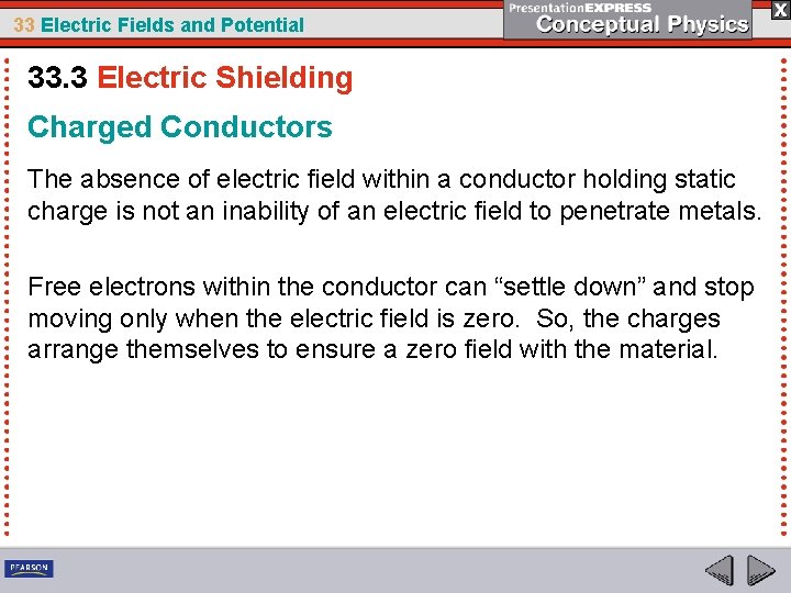 33 Electric Fields and Potential 33. 3 Electric Shielding Charged Conductors The absence of