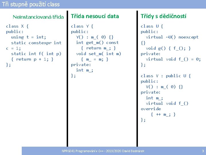 Tři stupně použití class Neinstanciovaná třída class X { public: using t = int;